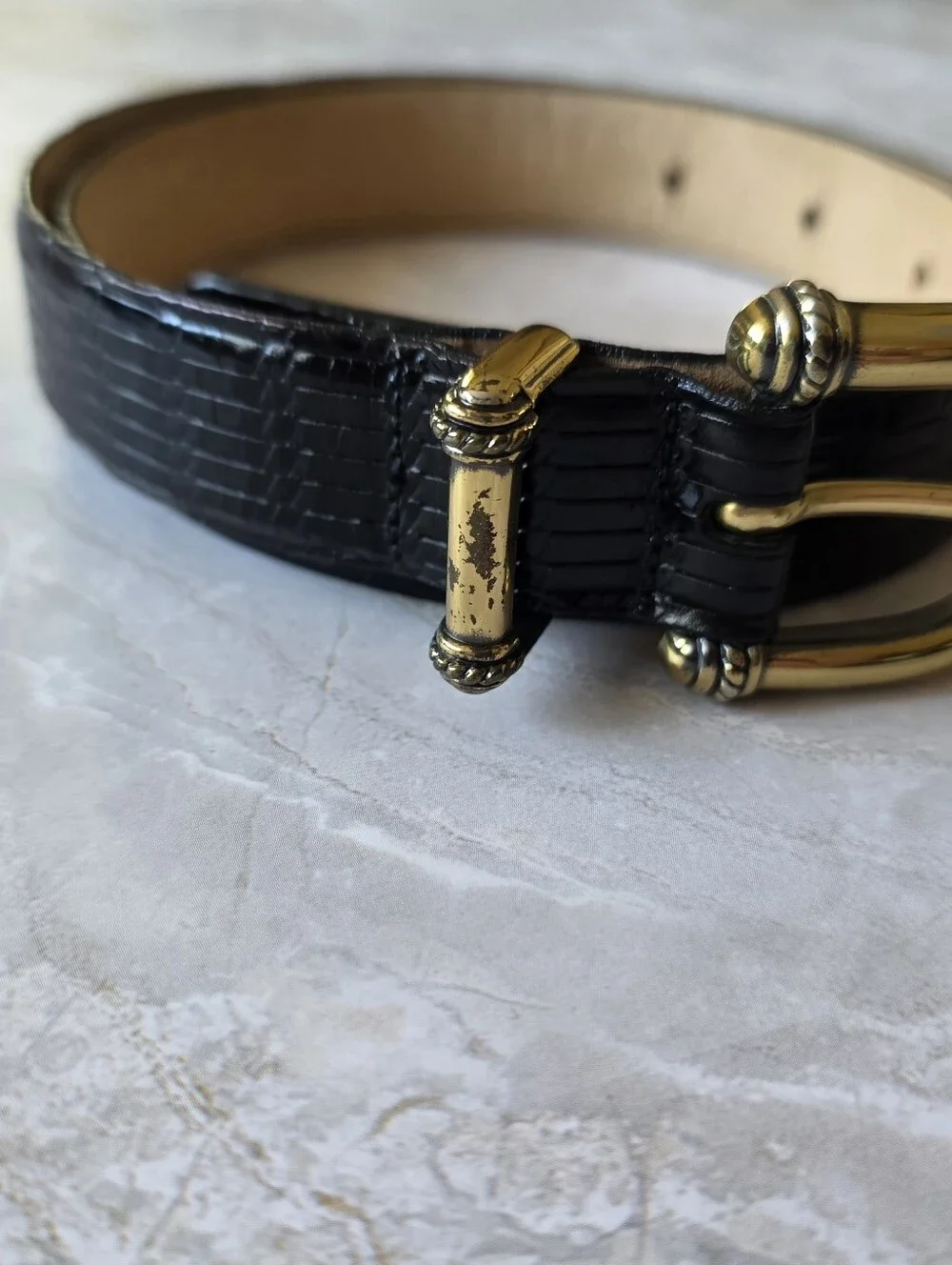 Talbots Italian Calfskin Leather Belt S Croc Embossed Gold Buckle Old Money